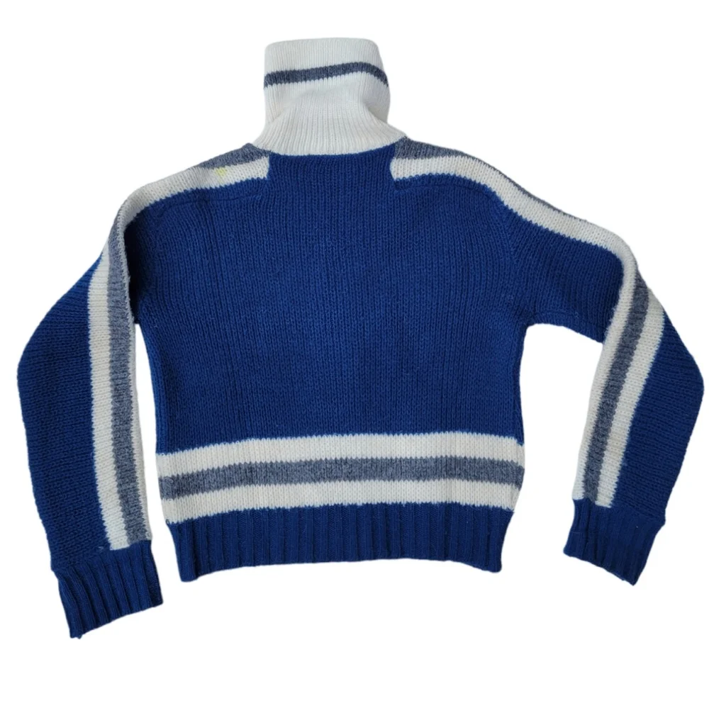 Vintage wool blue and white zip up turtleneck cardigan sweater
